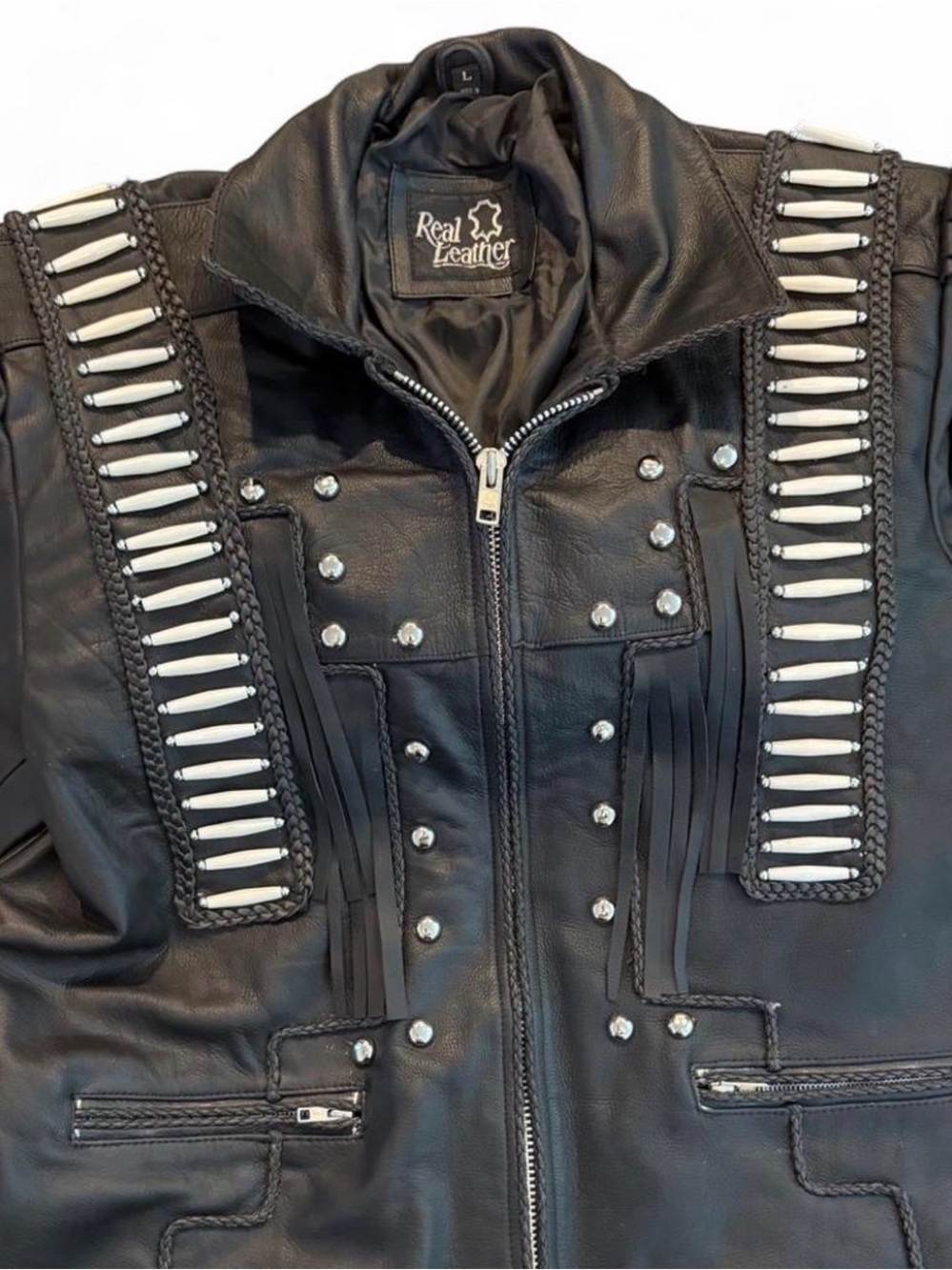 Men’s Native American Western Real Leather Black Studded Fringe Biker Jacket
